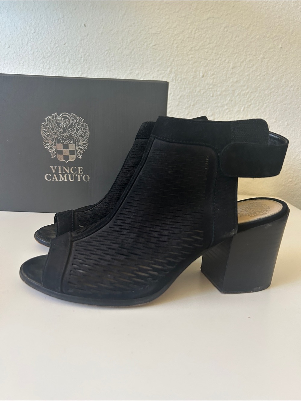Vince Camuto Black Mesh Open-Toe Block Heel Sandals